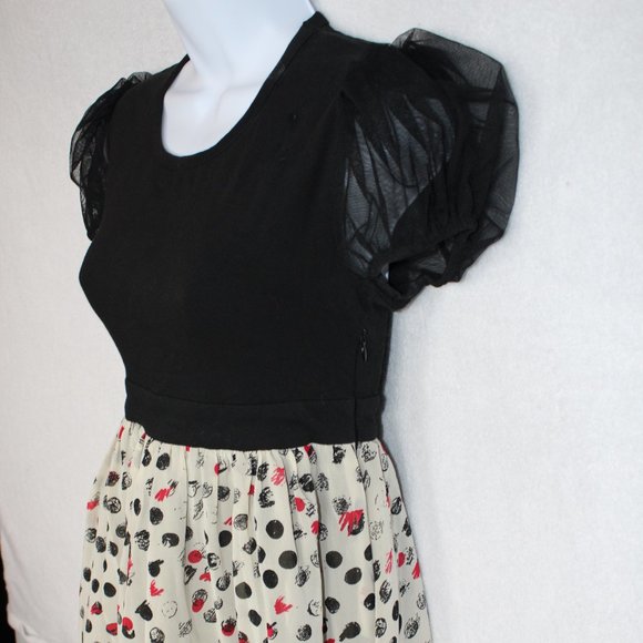 Forever 21 Women's Dress Polka Dot Short Sleeve Puffy  Black Beige Red Small - Picture 2 of 8